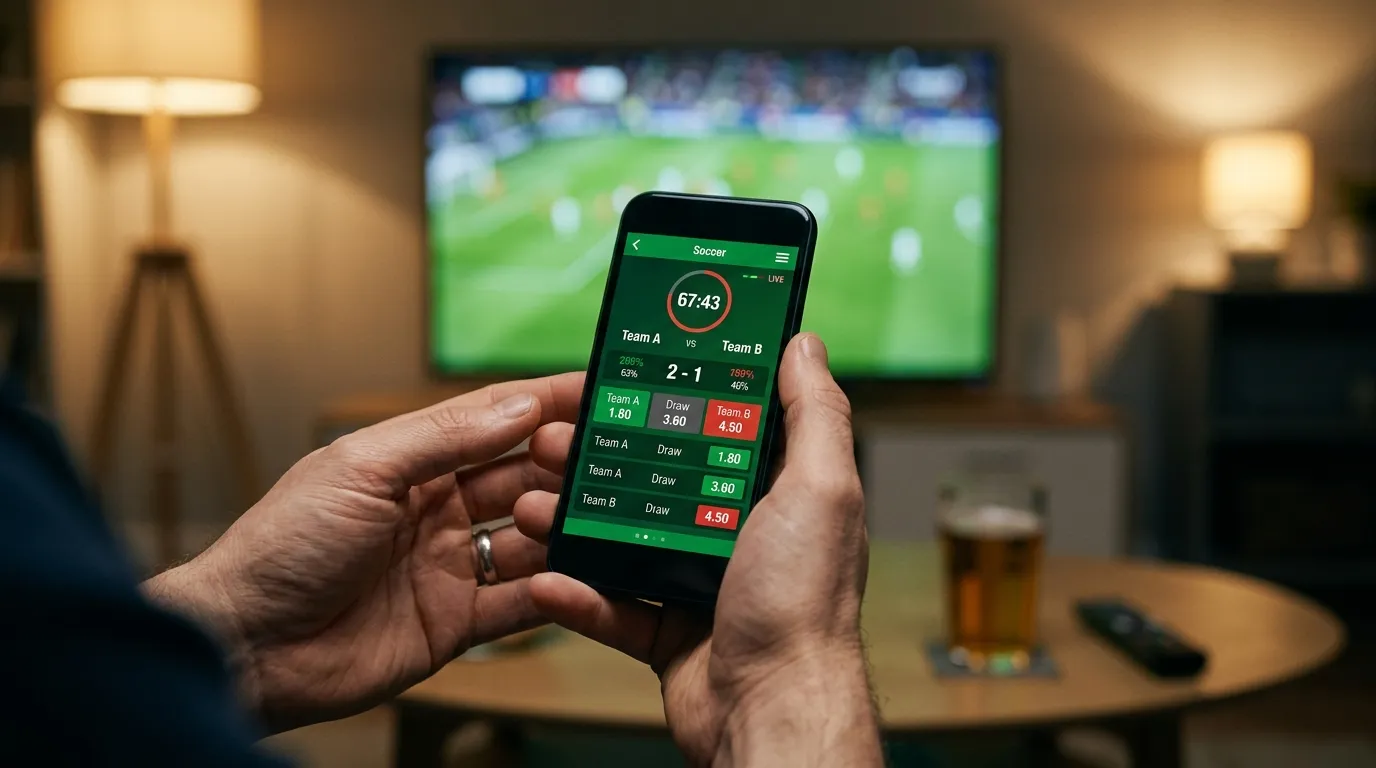 Live wedden tijdens een WK 2026-wedstrijd met in-play quoteringen op een scherm