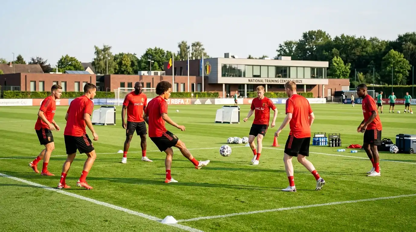 Voetballers in rode shirts op een trainingsveld met doelen en grasmat
