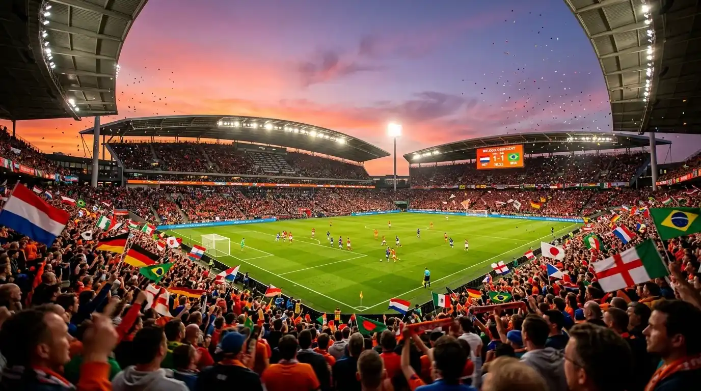 Voetbalstadion gevuld met supporters tijdens een interland op het WK 2026
