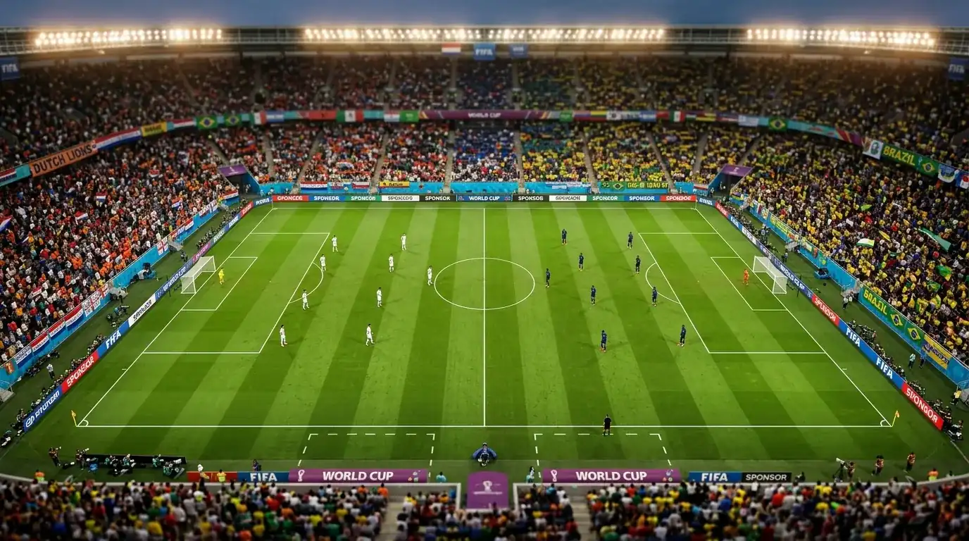 Voetbalveld met spelers in nationale kleuren tijdens een groepsfasewedstrijd op het WK
