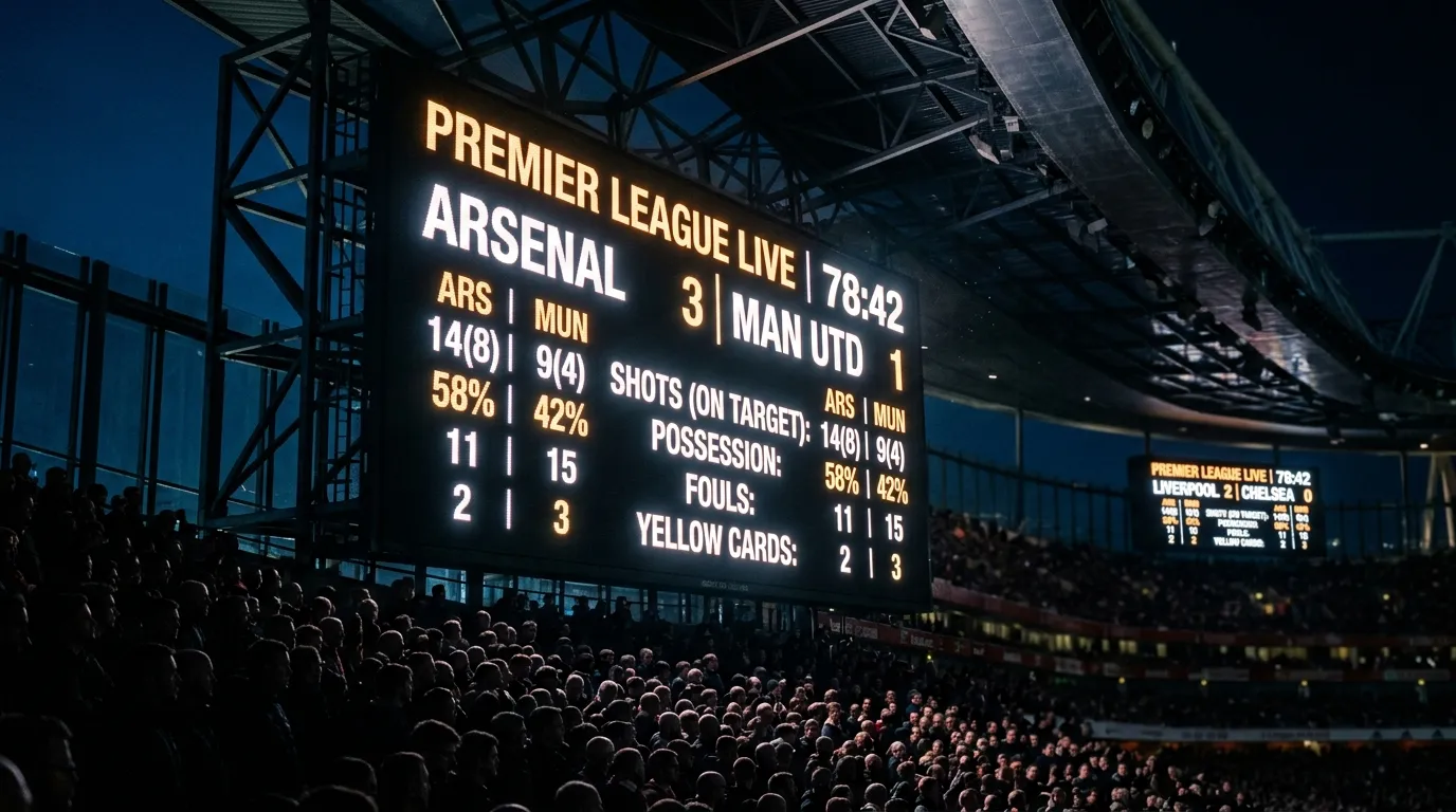 Scorebord in een voetbalstadion met verlichte cijfers en uitslagen