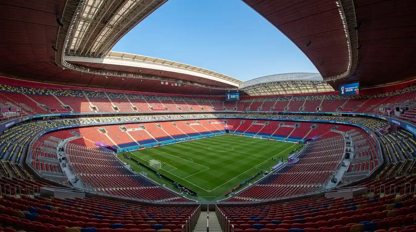 Modern Amerikaans voetbalstadion met openklapbaar dak en groen veld vanuit hoog perspectief