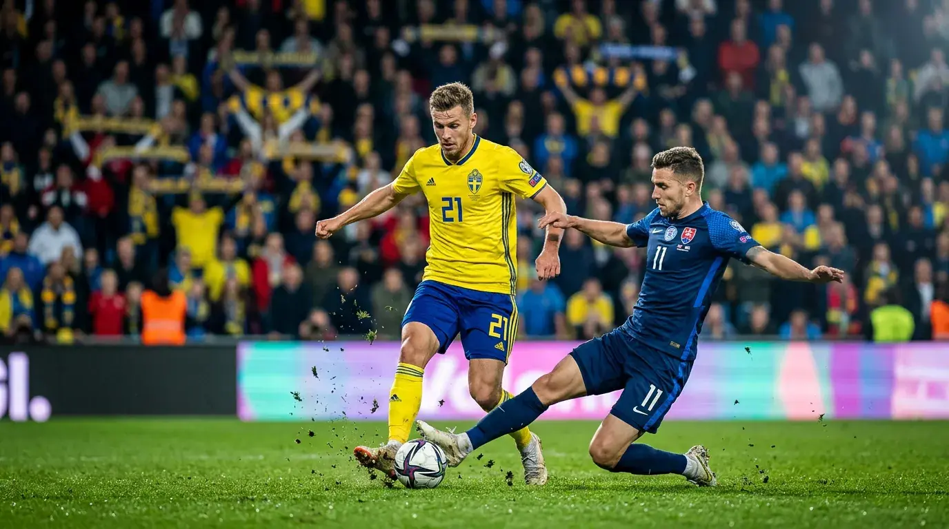Voetballers in een intensief duel om de bal op een groen veld tijdens een avondwedstrijd